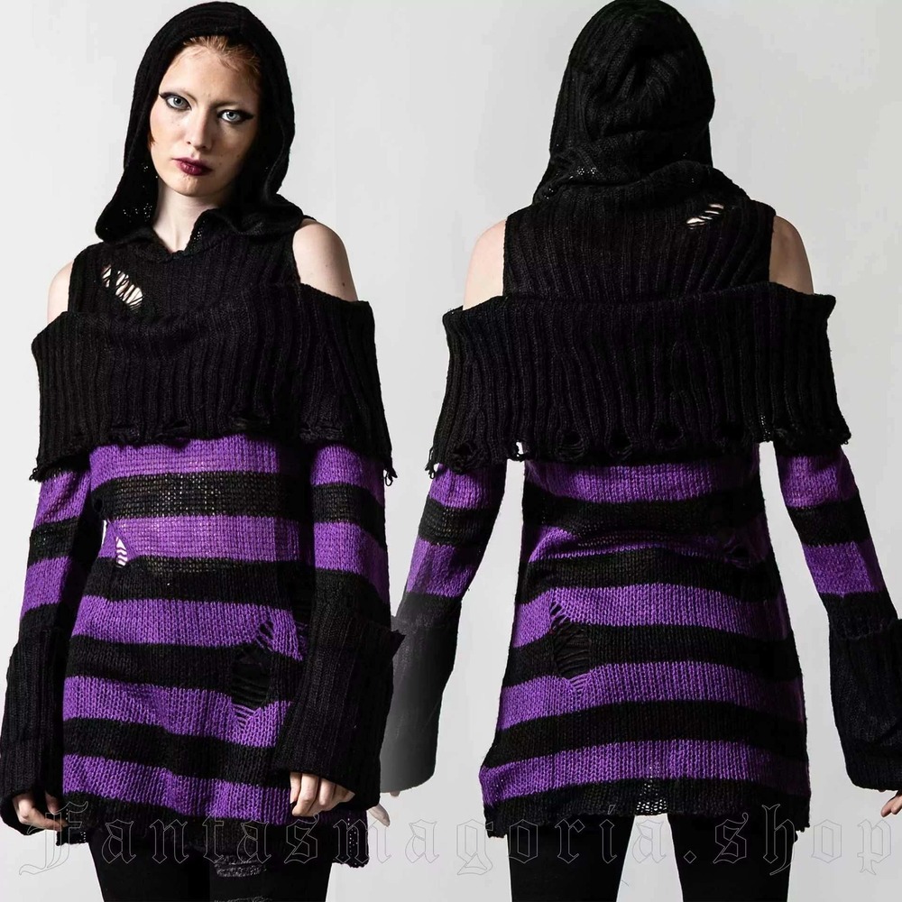 Salvia Knit Hooded Sweater Plum Black Striped Distressed Cold Shoulder Medium